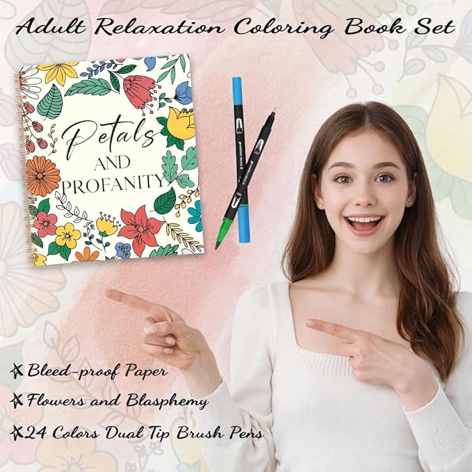 7×8.2in Adult Coloring Book Set for Relaxation, Spiral Bound Coloring Book for Women with 24 Colors Markers, Mindfulness Stress Relief 32 Patterns for Adults, Teens, Easter Gift