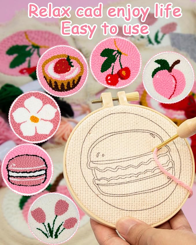 Punch Needle Kit for Beginners Adults Kids, 6 Pattern Embroidery Punch Needle Kits, Easy Needle Punch Embroidery DIY Kit Set Tufted Rug Punch Decoration with Patterns, Tools, Yarns, Hoop, Instruction