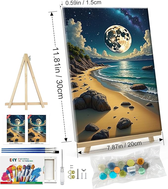 ATDMS Paint by Numbers Kit for Adults with Frame Moon Paint by Number with Easel Beach Adult Paint by Number Kits Framed Canvas DIY Moonlight Acrylic Oil Painting Kits for Home Wall Decor 8x12 Inch