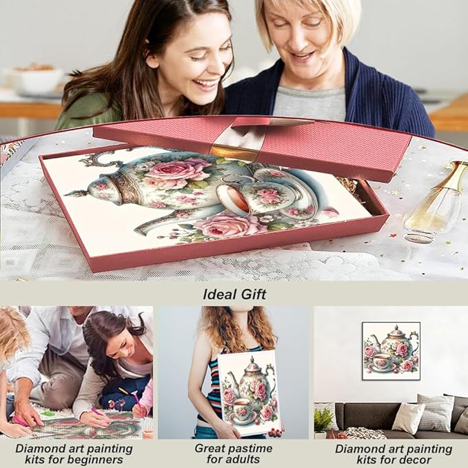 hill froeistung 5D Colorful Teapot Diamond Art Painting Kits for Adults,Teacup,Flower Diamond Art for Beginners, DIY Full Drill Diamond Art Painting(12X12 inch)