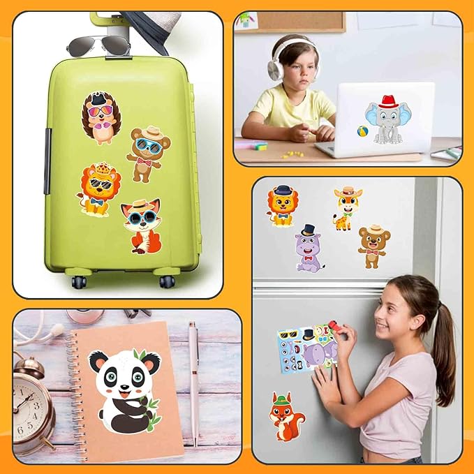 24 sheets make a face stickers, animal stickers for kids make your own mix and match sticker sheets with 12 wild animals designs, fox elephant hedgehog, kids party favors activities