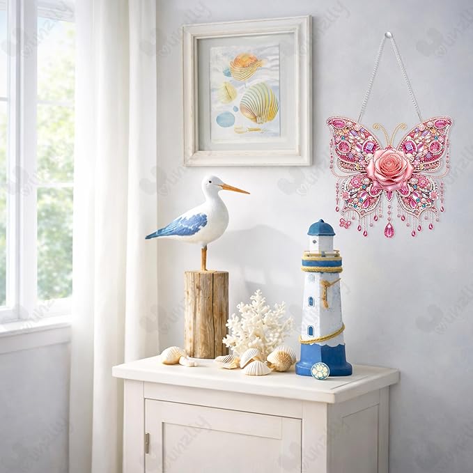 Yunzlly DIY Hanging Diamond Art Pendant Kit, Special Crystal Double Sided Diamonds Painting Ornament Kit for Adults, Acrylic Gem Painting Board for Window&Door&Wall (Pink Butterfly)