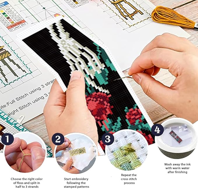ORIGACH 6 Pcs Cross Stitch Bookmark Kit for Beginner Adults, Gothic Patterns Stamped Embroidery Bookmark Kit with Instruction for Starters for Book Lovers