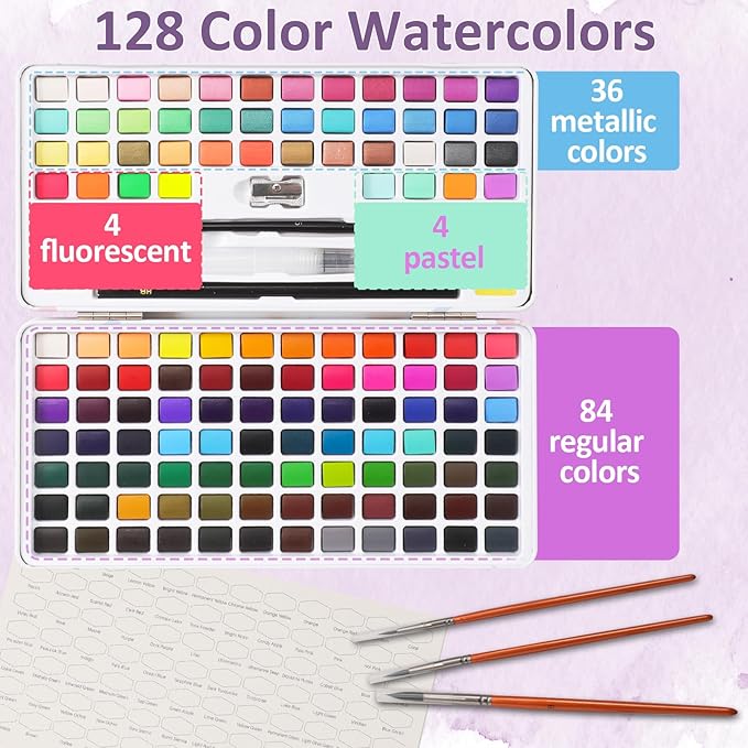 Caliart 128 Colors Watercolor Paint Set Portable, for Adults Artists Professional, Art Supplies Watercolor Painting Kits Drawing Gifts