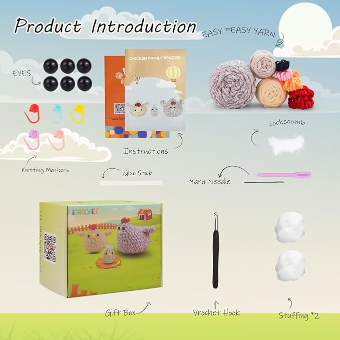 Crochet Kit for Beginners,Chicken Crochet Starter Kit with Step-by-Step Video Tutorials,Crochet Animal Kits for Adults,Chicken Crocheting Set Complete Included