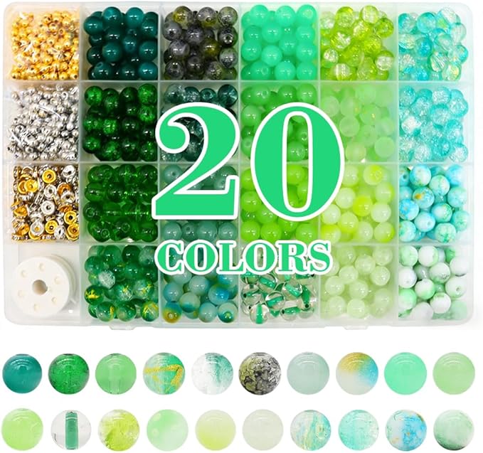 DIPSEOI 8mm Glass Beads for Bracelet Kit - 900 Pcs Jewelry Making Kits Bead DIY with Spacer Charms (Green Series)