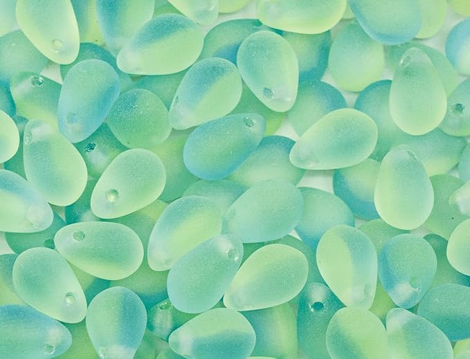 Czech 50-Piece Glass Beads, 6x9mm, Teardrop Glow Under Blacklight Transparent Blue Green Matte