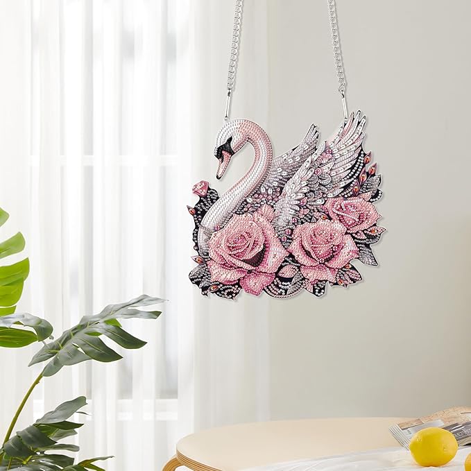 Diamond Art Painting Pendant Ornament Kits 5D Diamond Art Painting Art Hanging Kit Rose Swan DIY Diamond Crystal Window Door Pendant Kit for Adults Gift Wall Home Christmas Decoration (24.2x23 cm)