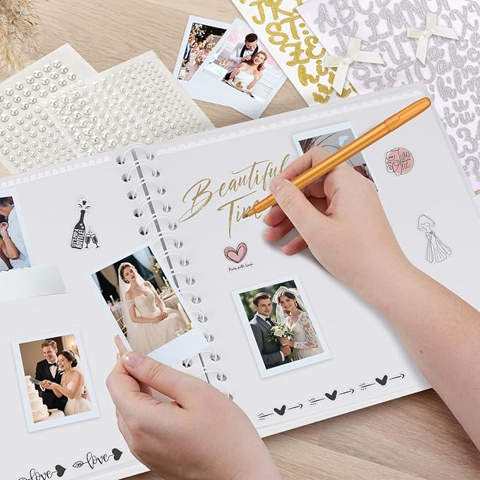 Draupnir 8 x 8 Inch Letters To The Bride Scrapbook Wedding Memory Book with Pearl Lace Wedding Metallic Letters Stickers Bows Pen Bridal DIY Blank Paper Scrapbook Photo Album Guest Book Sign