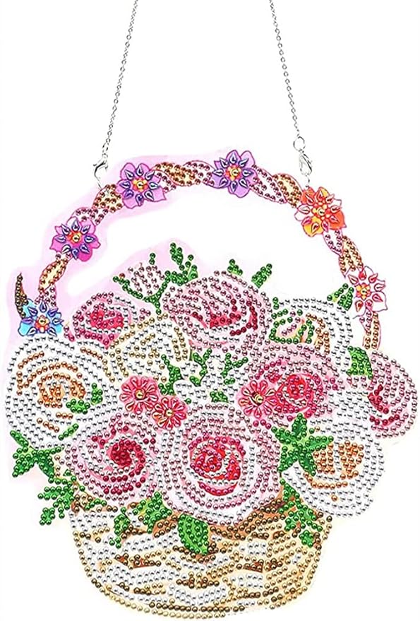 YEESAM ART DIY 5D Rhinestone Painting Christmas Decorations Hanging Kit, Flower Basket Red Flowers 20x23cm Rhinestone Art for Wall Door Window Decorations Hanging Mosaic Crafts Ornaments
