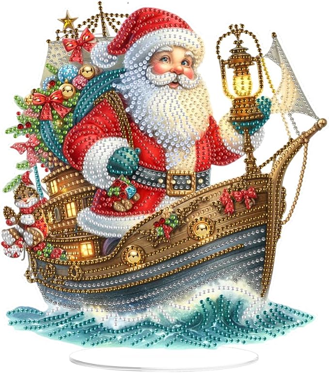 LAKEQUILL Christmas Diamond Painting Kits, Tabletop Ornament, Stand Up Diamond Art Desktop Kits for Home Office Decor, New Year Gift - Santa Claus & Boat