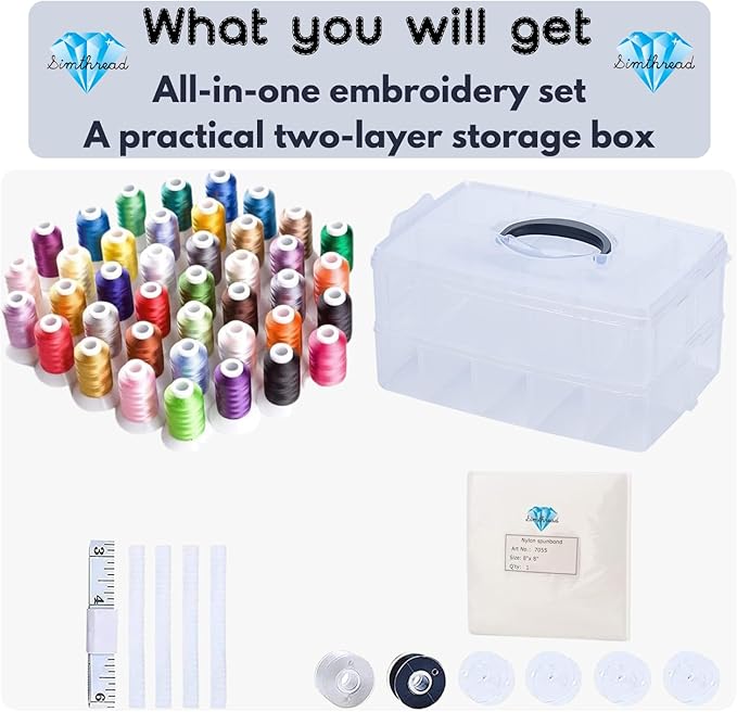 Simthread 40-Color Embroidery Thread Kit – 40 Spools 550 Yards Each, 40WT Polyester Thread with 2-Layer Stackable Box, Bobbins & Tools – Compatible with Brother, Janome, Babylock and More