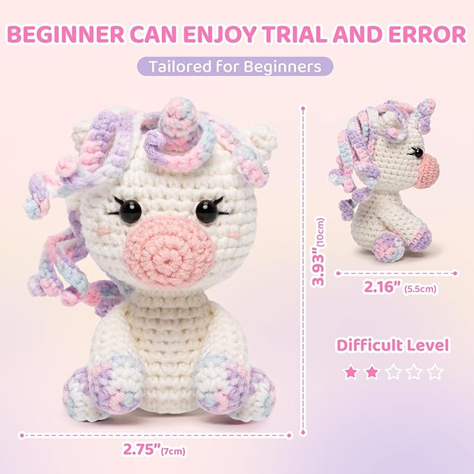 Mewaii Crochet Kit for Beginners Level 2 with 40% Extra Eco-Friendly Pre-Started Easy Yarn, Step-by-Step Video Tutorials for Adults and Kids (Pastel Unicorn)