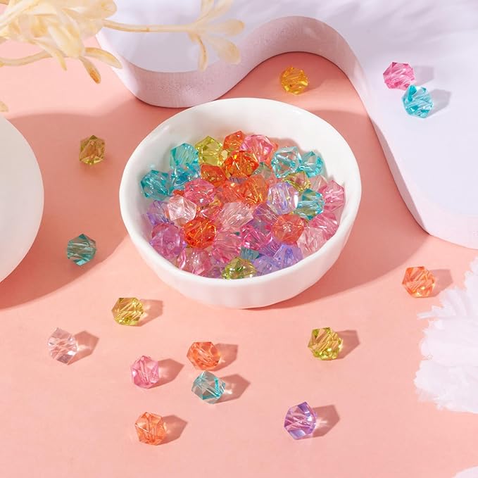 FASHEWELRY 100pcs Clear Acrylic Polygon Beads Colorful Faceted Polygon Loose Spacer Charms Bulk for Bracelet Necklace Earring Jewelry Making
