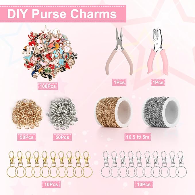 224 Pcs Lip Gloss Charm Keychain Set, Homemade Keychain Making Set, 100 Lip Gloss Charm, 20 Keychains, 1 Jewelry Plier, 1 Puncher, 16.5 Ft Rolls Chain, 100 Jumping Rings, for Jewelry Craft Gifts