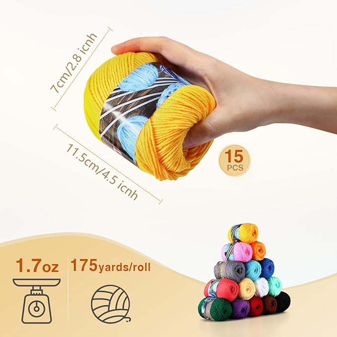 LIHAO 15 Skeins Acrylic Yarn for Crocheting Beginners Crochet Kit with 2.5mm Hook, 2625 Yards Bulk Anti-Splitting Yarn Bundles for Amigurumi, Granny Squares and DIY Crafting