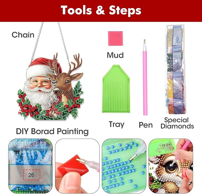 Miwixy Christmas Hanging Diamond Art Kits for Adults, Santa Claus Xmas Deer Special Shaped Diamond Painting Ornament Kit DIY Double-Sided Pattern Window Pendant Gem Art Kit Home Wall Decor