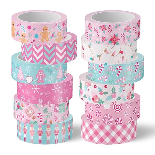 Whaline 12 Rolls Christmas Washi Tape Masking Tape Set Pink Candy Cane Gingerbread Man Decorative Wrapping Paper Tapes for Xmas Scrapbook Journal DIY Art Crafts