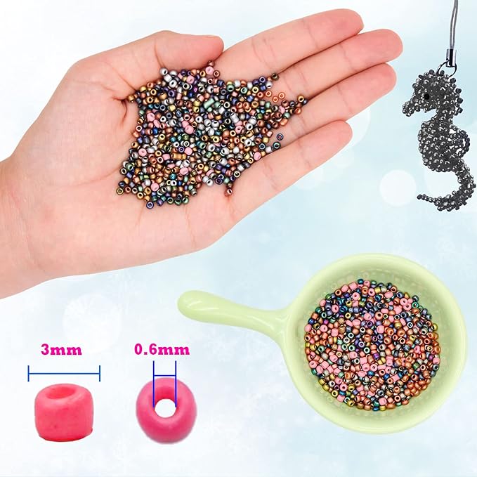 EuTengHao 8/0 Glass Seed Beads Kit, 3mm Metal Color Waist Beads, 24Colors Small Pony Beads with String for Bracelet Necklace Earring Jewelry Making (14405PCS, 600 Per Color)