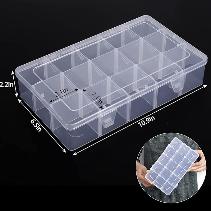 SGHUO 3 Pack 15 Grids Large Plastic Storage Organizer Box,15 Compartments with Dividers for Tackle Box, Beads, Washi Tape, Ribbon, Crafts, Art Supply 10.9X6.5X2.2inch