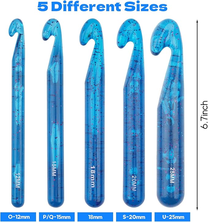 BsHooker 43Pcs Crochet Hooks Set,Plastic Crystal Crochet Hook with Case,5 Sizes Large Crochet Hooks for Chunky Yarn Ergonomic Crochet Needles for Beginners and Crocheting Yarn 12mm-25mm,Blue