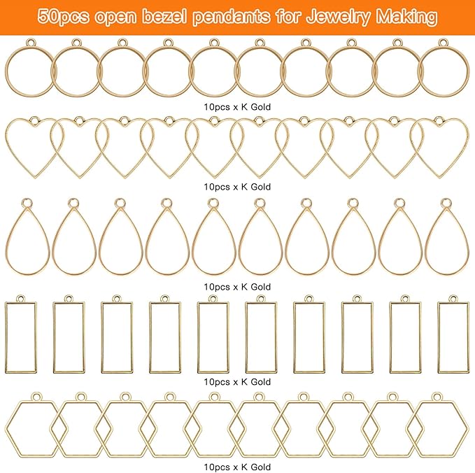 50pcs Open Bezels 5 Styles Hollow Frames Pendants Geometric Hollow Bezel Pendant Open Back Frame Pendant for Resin Casting, Necklace, Earrings, Pressed Flower, DIY Crafts(K Gold)