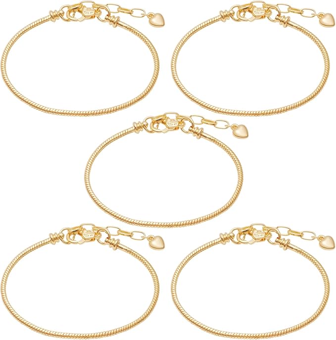 5pcs Chain Bracelets Kit Silver Plated Snake Chain with Heart Lobster European Charm Bracelet for Christmas DIY Women Jewelry Findings Bracelet Making (gold)