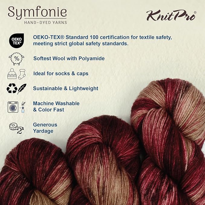 KnitPro Symfonie Fingering Weight Hand Dyed Variegated Yarn Skein | Extra Fine Merino Wool & Polyamide Blend for Knitting & Crocheting, Oeko-TEX Certified 400m, 100g | Terra Cafe Rose