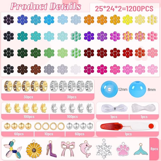 1711pcs 8mm Glass Beads for Jewelry Making - 48 Colors Crystal Glass Beads for Bracelets, Round Beads Friendship Bracelet Making Kit DIY Crafts for Adults