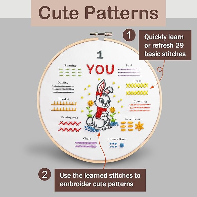 bradove embroidery kit for beginners, learn to embroider top 29 stitches and cute patterns with video tutorial and instruction booklet, beginner embroidery kit for adults kids, stitches kit