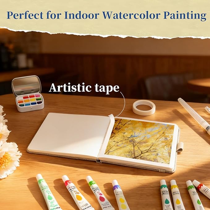 Vienrose Mini Portable Watercolor Palette Set for Travel & Outdoor Painting with 5.5" x 5.5" Linen Cover Watercolor Sketchbook, 12-Color Watercolor Paints, 3 Pens, Artist Tape & Storage Bag