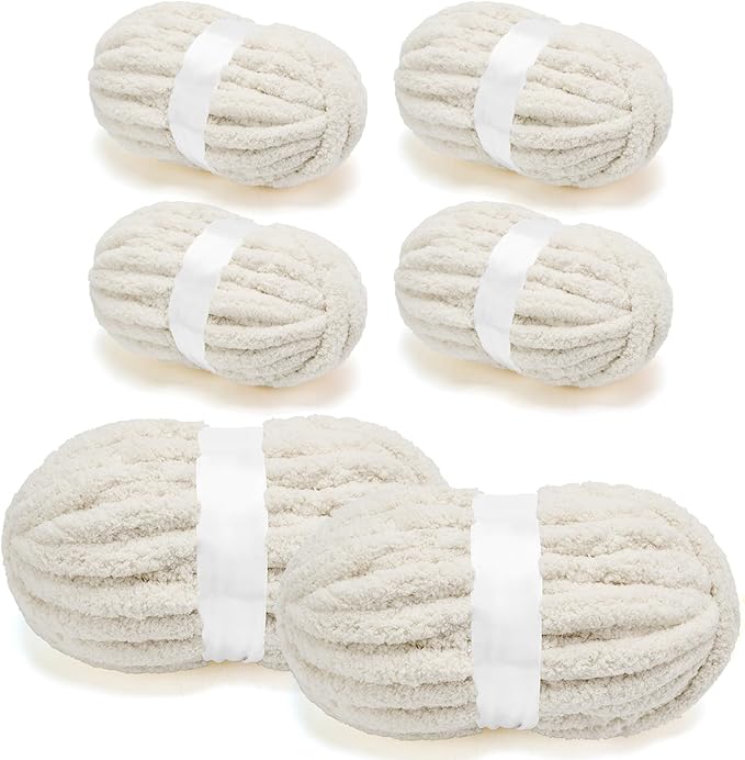 Chunky Chenille Yarn for Crocheting/Arm Knitting, Super Soft Jumbo Knit Blanket Yarn Beige 6 Pack (32 yds, 8.5 oz Each Pack)