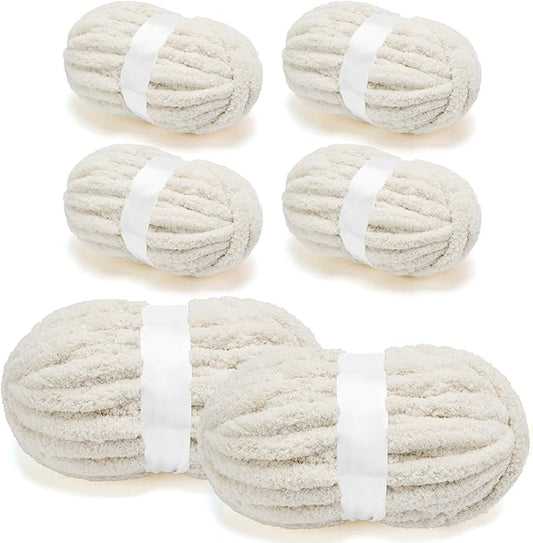 Chunky Chenille Yarn for Crocheting/Arm Knitting, Super Soft Jumbo Knit Blanket Yarn Beige 6 Pack (32 yds, 8.5 oz Each Pack)