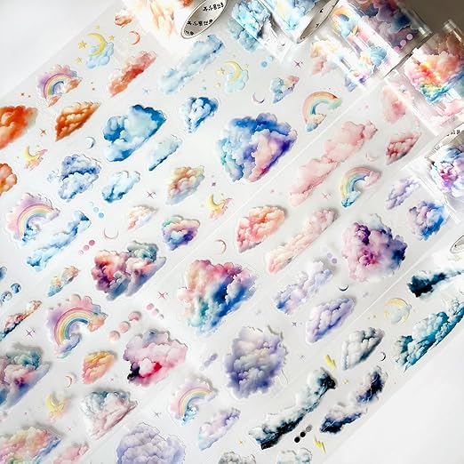 Cloud PET Tape Stickers for Scrapbooking Supplies, 6 Rolls Journal Stickers for Scrapbooking,Journaling, Junk Journal Supplies, DIY Crafts (Color)
