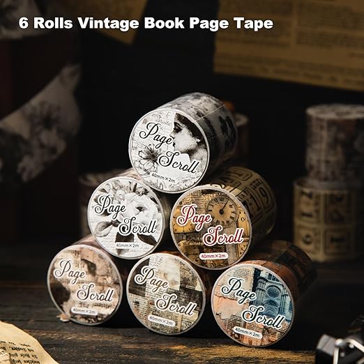 6 Rolls Vintage Book Page Washi Tape Set – Non-Repeating Retro Collage Designs for Scrapbooking, Journaling, and DIY Crafts