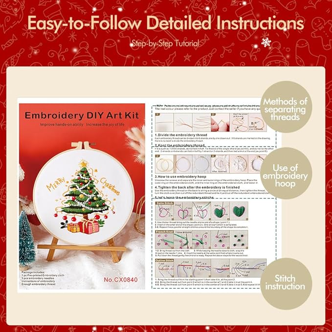 christmas embroidery kits: 3 pack cross stitch kit for beginners adults, diy ornaments craft kit with all tools & instructions, stamped hand embroidery starter kit for holiday crafts & xmas home decor