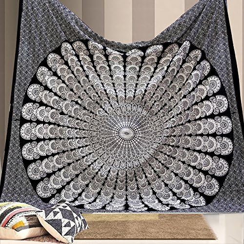 bless international handmade indian hippie bohemian psychedelic peacock mandala wall hanging college dorm beach throws table cloth bedding tapestry (black white, queen(84x90inches)(215x230cms))