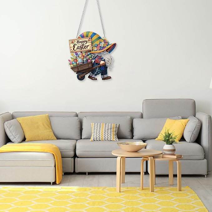 CEOVR Easter Diamond Painting Pendant, Easter Egg Gnome Hanging Diamond Art for Adults DIY Gem Art Wall Hanging Ornament, Acrylic Home Garden Decor with Chain, Box Kit 7.59×7.87inch
