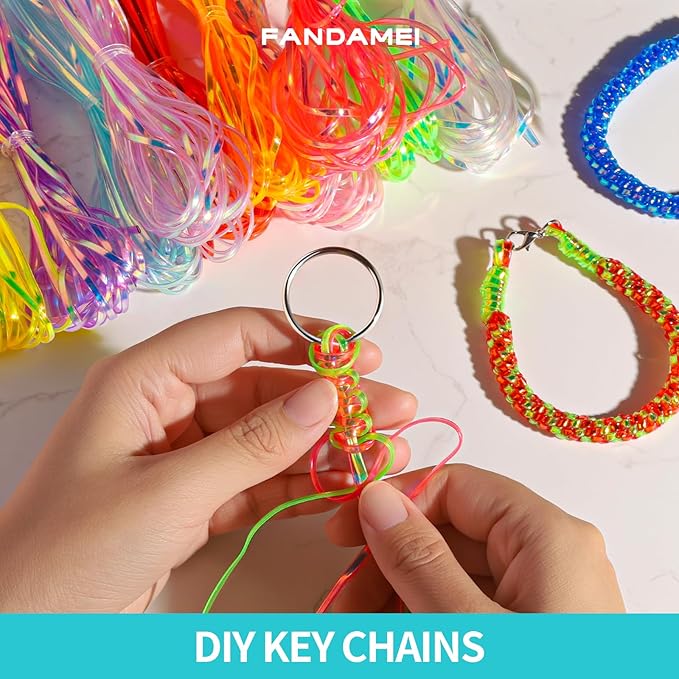 Fandamei Lanyard String Kit, 12 Laser Colors Plastic Lacing Cord, Glossy Laser Color, Lanyard String for Crafts, Bracelets and Jewelry Making Weaving Kit, Plastic for Bracelets