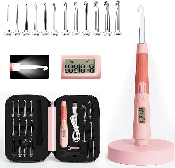 Light up Crochet Hook Set Counting Set Digital Crochet Kit Ergonomic with Lighted Led and Stitch for Crocheting and Knitting