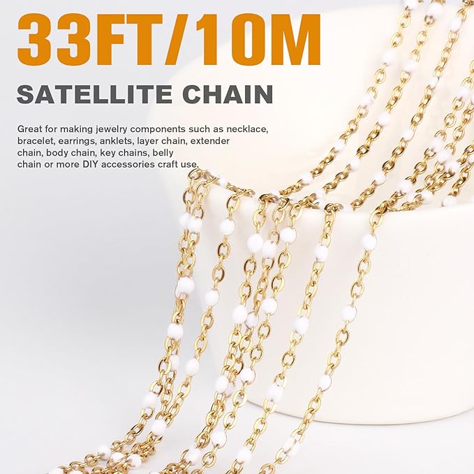 33 Feet Gold Enamel Chains Bulk, 2mm 18K Gold PVD Plated 304 Stainless Steel White Enamel Beaded Cable Link Chain Roll Spool for Jewelry Making