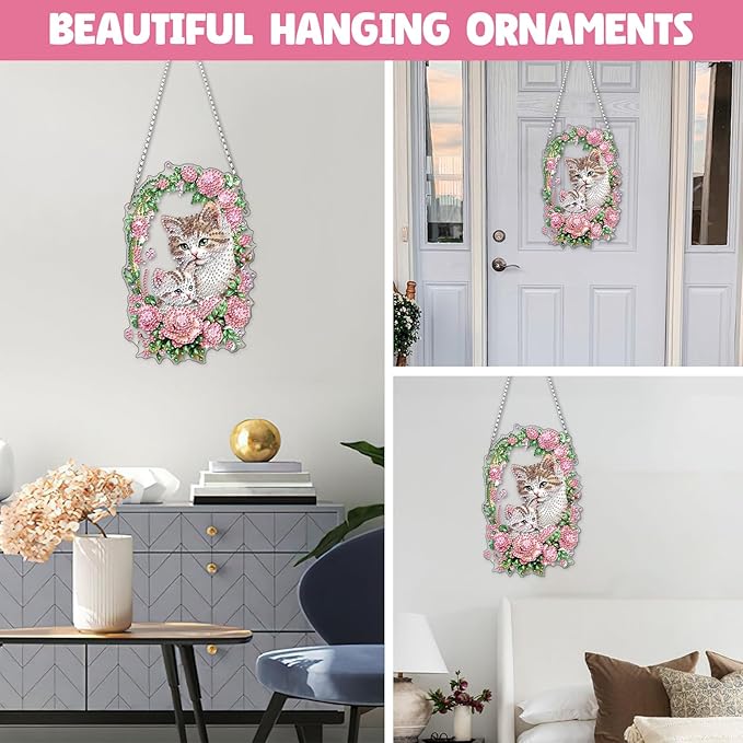 NAIMOER Diamond Art Hanging Kits for Adults, Flower Cat Diamond Art Suncatchers, 5D Special Shape Fall Diamond Painting Pendant Window Ornament Gifts for Home Garden Door Wall Decor