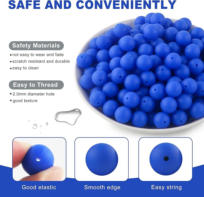 150Pcs 15mm Silicone Beads for Keychain Making Bracelet Necklace, Bulk Round Silicone Beads for Pens（Royal Blue）