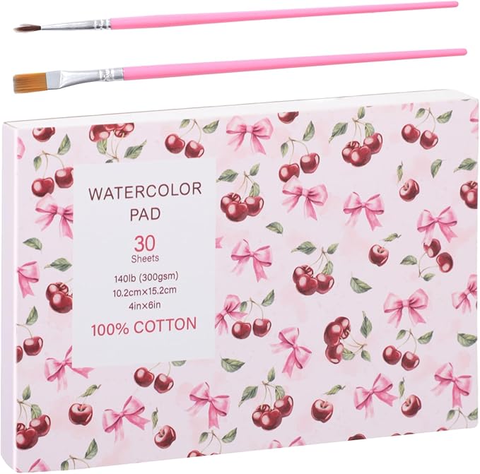 30 Sheets Watercolor Paper Pad with 2 Pcs Watercolor Brush, 140 lb/300 GSM Watercolor Paper Cold Press Tearable Water Color Pad for Art Painting, Drawing, Mixed Media(4x6 Inch)