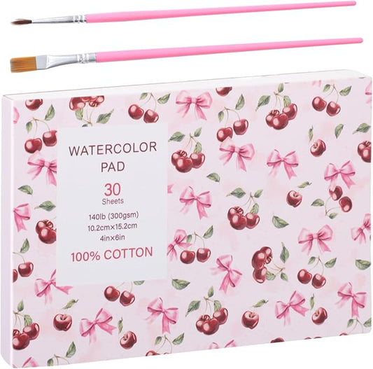 30 Sheets Watercolor Paper Pad with 2 Pcs Watercolor Brush, 140 lb/300 GSM Watercolor Paper Cold Press Tearable Water Color Pad for Art Painting, Drawing, Mixed Media(4x6 Inch)