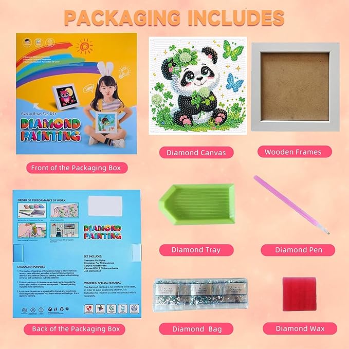 Arttoplus Panda Diamond Art Kits for Kids 4-6-8-12 with Frame-Animal Diamond Painting Kits for Kids with Frame,Panda Gem Art Kits for Kid for Gift Home Wall Decoration(7x7inch)