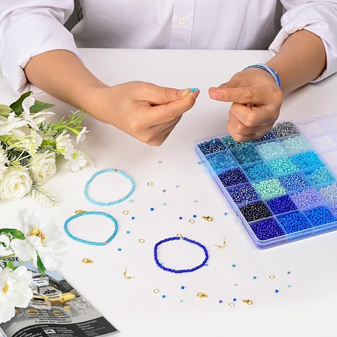 Vtssvow 3mm Glass Seed Beads for Bracelets Making, 24 Colors 10000pcs Friendship Bracelet Making Kit, Small Glass Beads for Jewelry Making (Mix 24 Color, Blue)