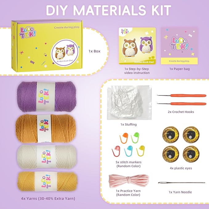 LUDOTEK Crochet Kit for Beginners, Crochet Animal Kits,Crocheting Kit for Starters with Step-by-Step Video Tutorials, Beginner Crochet Kits for Adults(2 Pack owl)
