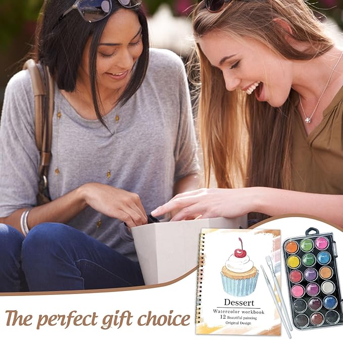 Watercolor Workbook, Water Coloring Book, 12 Different Patterns of Original DIY Designs, 18 Colors Watercolor Paint Set, Beginner-Friendly Watercolor Workbooks (Dessert), Perfect Gifts for Adults