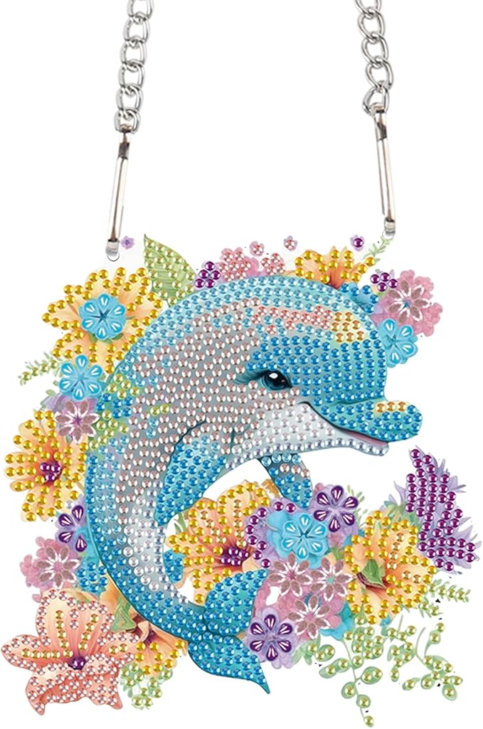 AiYuanzsh Dolphin and Flowers Diamond Painting Hanging Kit – DIY Acrylic Pendant with 5D Special Shaped Rhinestones, Diamond Art Decorative Art Board for Wall, Door or Garden, Handmade Gift